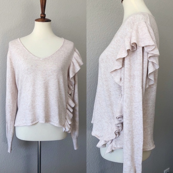John + Jenn Sweaters - John + Jenn • Tan Asymmetrical Ruffle Sweater